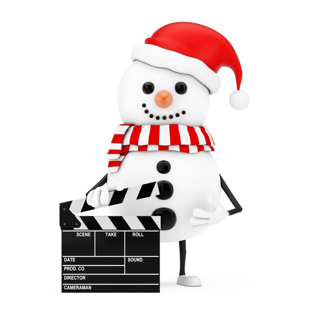 Foto boneco de neve na mascote do personagem de chapéu de papai noel com novie clapper board em um fundo branco. renderização 3d