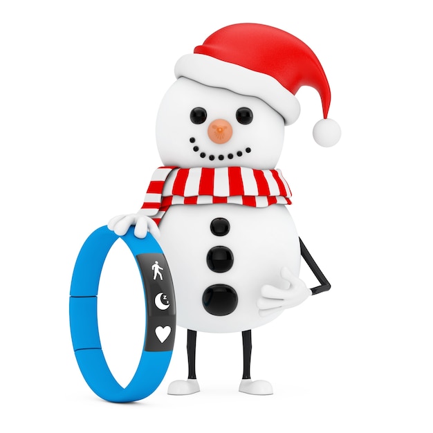 Boneco de neve na mascote do personagem de chapéu de Papai Noel com rastreador de aptidão azul sobre um fundo branco. Renderização 3D
