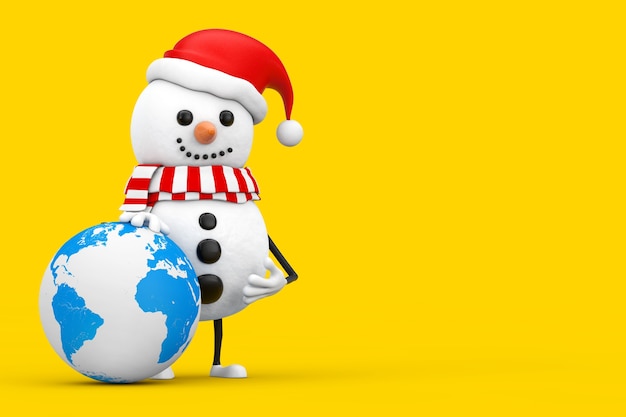 Boneco de neve no chapéu de Papai Noel mascote do personagem com globo terrestre em um fundo amarelo. Renderização 3D