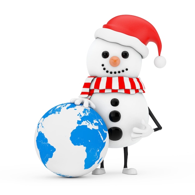 Boneco de neve no chapéu de Papai Noel mascote do personagem com globo terrestre em um fundo branco. Renderização 3D