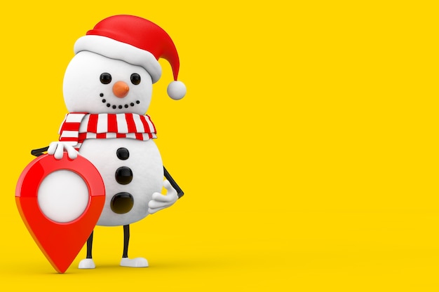 Boneco de neve no chapéu de Papai Noel mascote do personagem com o pino do ponteiro do mapa alvo em um fundo amarelo. Renderização 3D