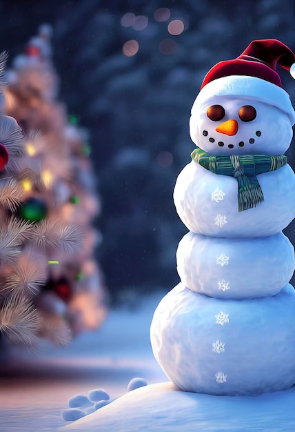 Boneco de neve personagem de natal boneco de neve fofo na ilustração animada de cenário de natal