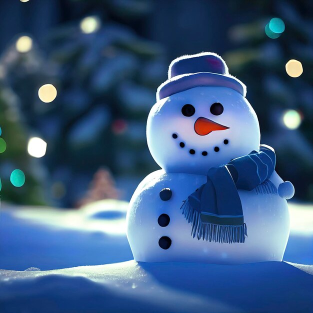 Boneco de neve personagem de natal boneco de neve fofo na ilustração animada de cenário de natal