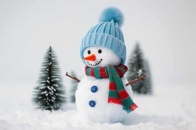 Boneco de neve usando um chapéu azul e lenço Generative AI