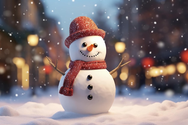 Boneco de neve vestido com chapéu vermelho e cachecol com neve e vila turva no fundo natal AI
