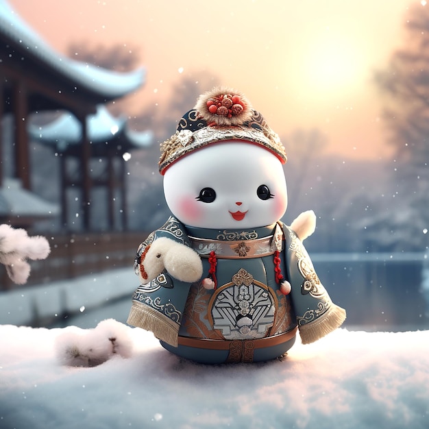 Foto boneco de neve vestindo traje folclórico chinês fundo de inverno