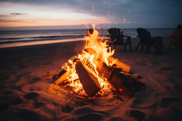 Foto bonfire on a beach with waves crashing in the background