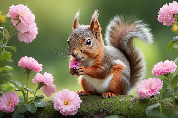 Una bonita ardilla con flores un lindo bebé animal