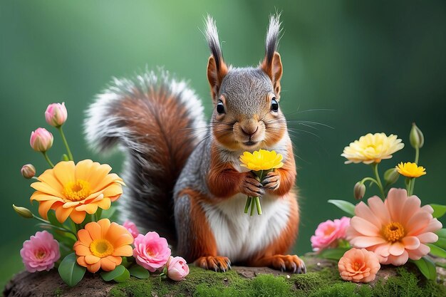 Una bonita ardilla con flores un lindo bebé animal