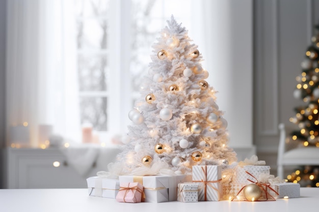 Bonita árvore de Natal com presentes na mesa na sala decorada para o Natal