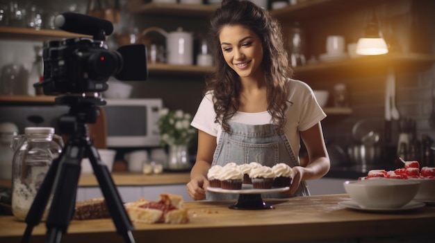 Bonita bloguera gastronómica trabajando en un nuevo vídeo y explicando cómo cocinar un plato.