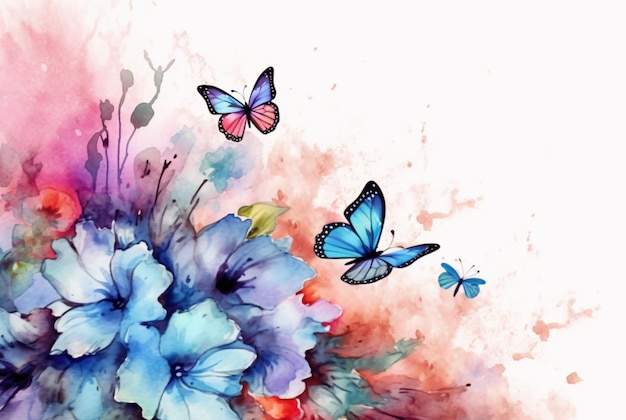 Bonita borboleta com flores desenho generativo de aquarela ai