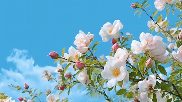 Bonita borda de primavera florescendo arbusto de rosas em um fundo azul