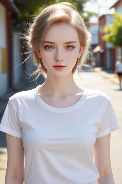 Una bonita chica europea con camisa blanca está de pie en la calle soleada