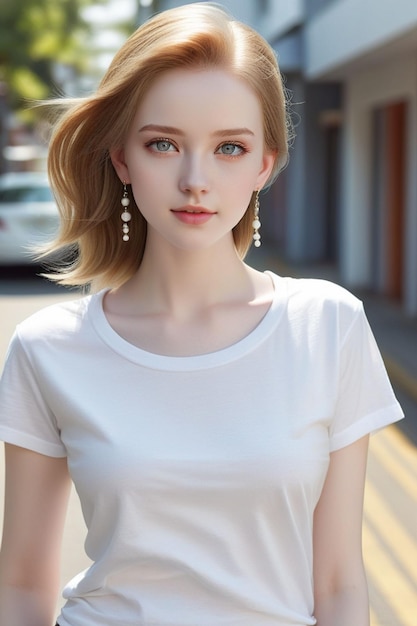 Una bonita chica europea con camisa blanca está de pie en la calle soleada