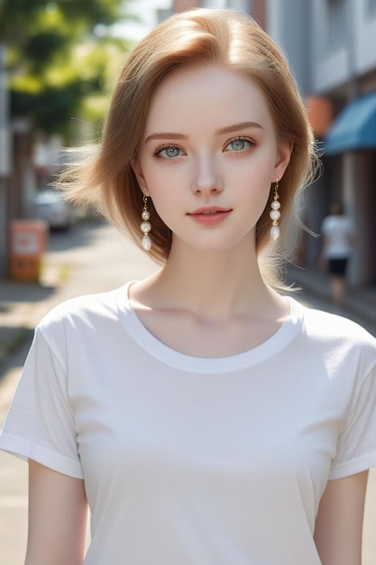 Una bonita chica europea con camisa blanca está de pie en la calle soleada