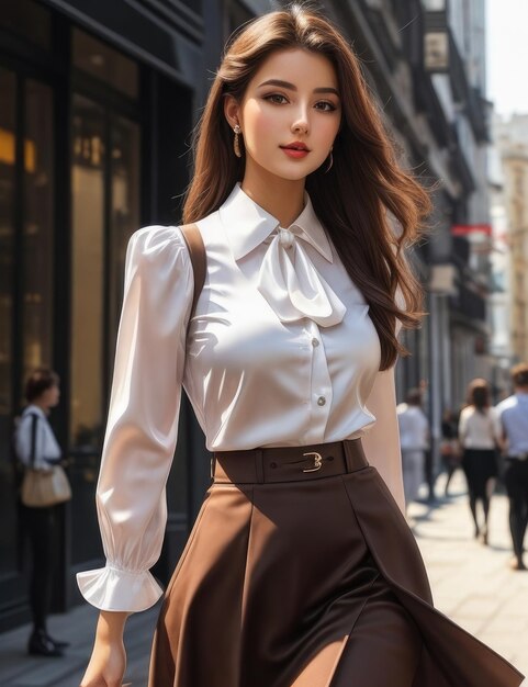 Una bonita chica europea lleva una blusa y una falda de moda.