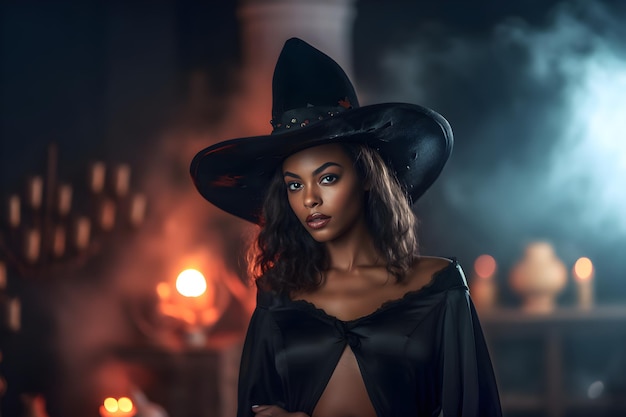 bonita chica de halloween con sombrero de bruja