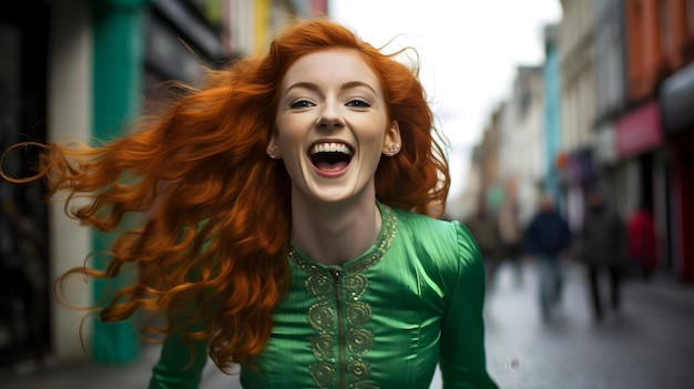 Bonita chica irlandesa celebrando el día de San Patricio en el desfile callejero