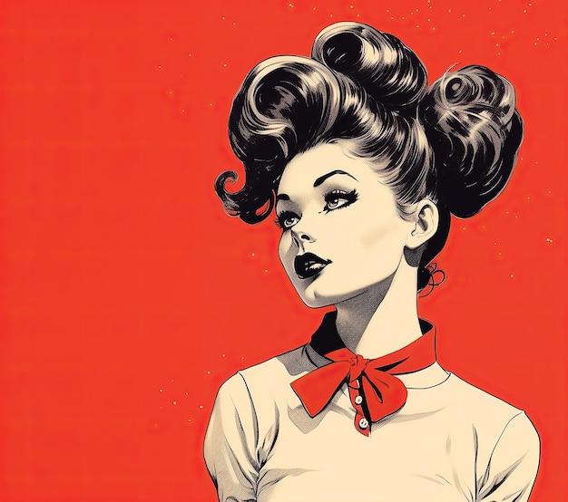 Bonita chica pin up estilo retro póster gráfico de los años 50 con fondo rojo
