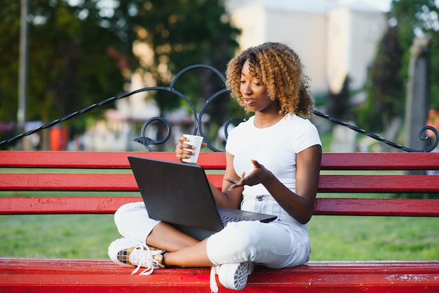 Bonita dama afroamericana con una computadora en el parque