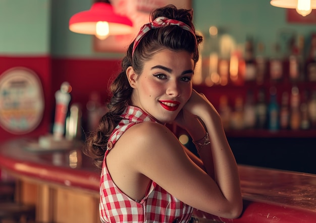 Bonita e jovem pin up estilo mulher com cabelo castanho ondulado ela está vestindo uma camisa a quadros e um tapete