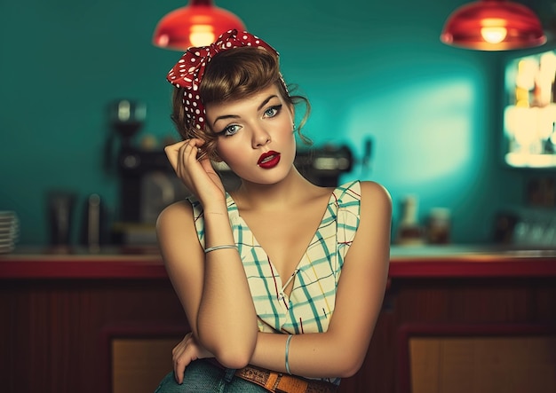 Bonita e jovem pin-up estilo mulher com cabelo moreno ondulado ela está vestindo uma camisa listrada e um m