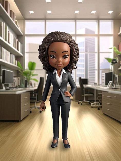 Bonita empresária afro-americana em pé na ilustração 3d do escritório