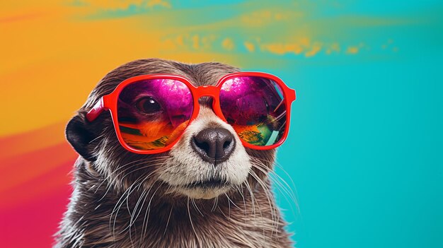 Foto bonita foca de pelaje en gafas de sol en un fondo de color