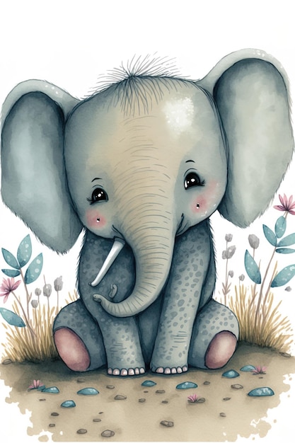 Bonita ilustração desenhada à mão de um elefante de desenho animado que pode ser usada para um livro infantil