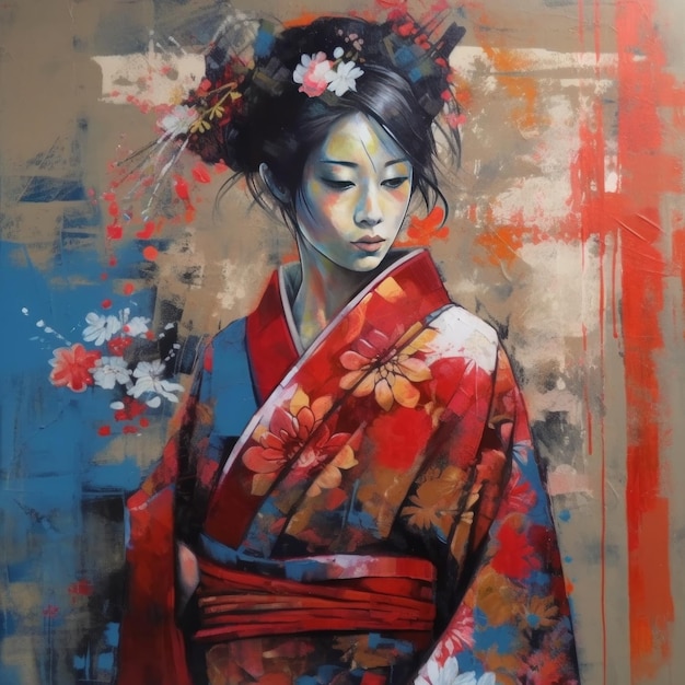 bonita japonesa kimono menina pintura abstrata