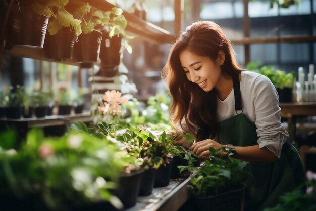 Bonita jardineira cuidando de plantas em sua loja de flores e plantas mulher asiática trabalhando em