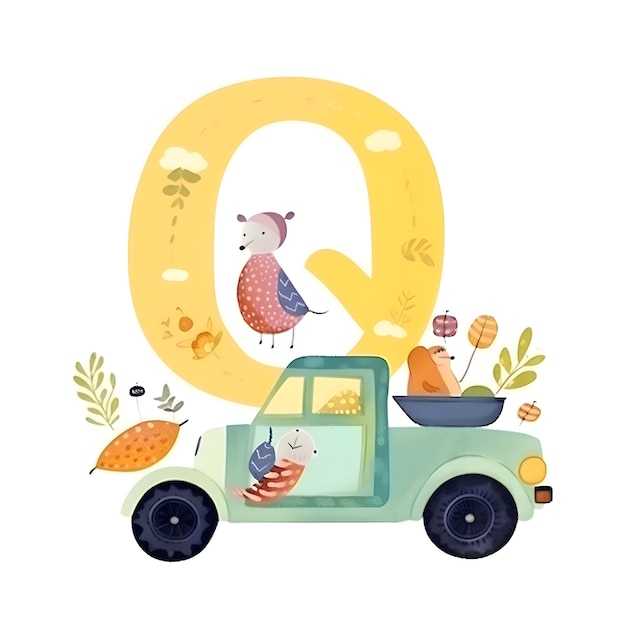 Bonita letra Q na forma de um carro com ilustração vetorial de animais