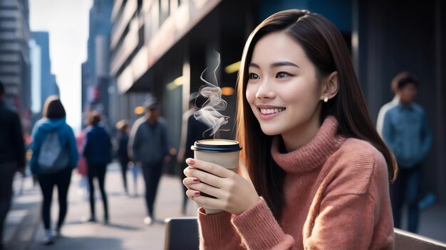 Foto bonita morena asain mujer milenaria sostiene taza de café para llevar disfruta de la bebida durante el descanso se viste