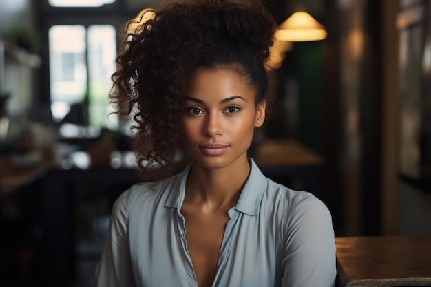 Bonita mujer afroamericana con cabello rizado de pie en el interior del loft de un café vacío durante el día y mirando el retrato de la cámara