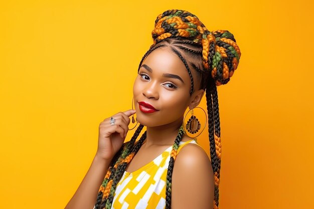 Bonita mujer afroamericana con trenzas de colores sobre un fondo de color IA generativa