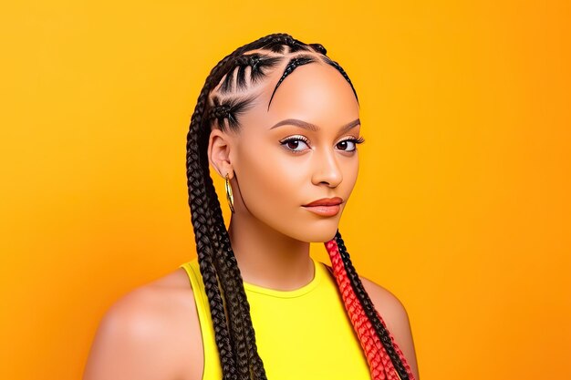 Foto bonita mujer afroamericana con trenzas de colores sobre un fondo de color ia generativa