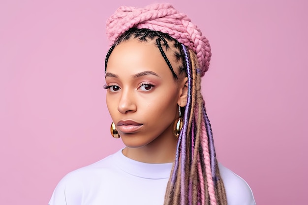 Foto bonita mujer afroamericana con trenzas de colores sobre un fondo de color ia generativa