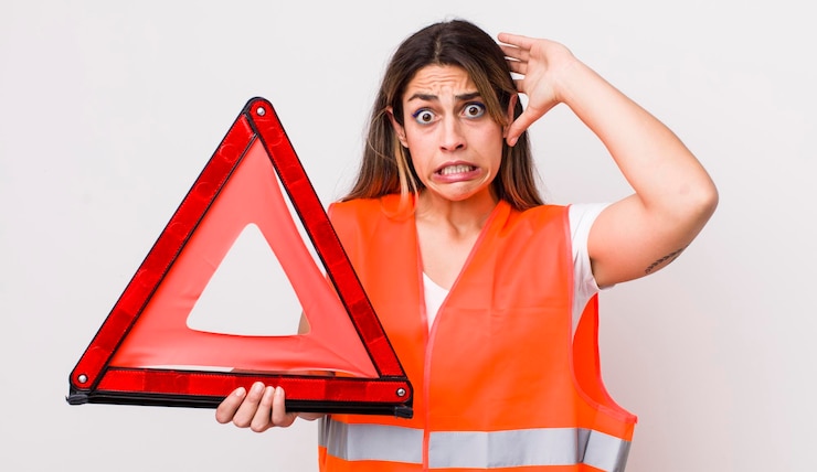 Foto bonita mujer hispana que se siente estresada ansiosa o asustada con las manos en el concepto de triángulo de coche de cabeza