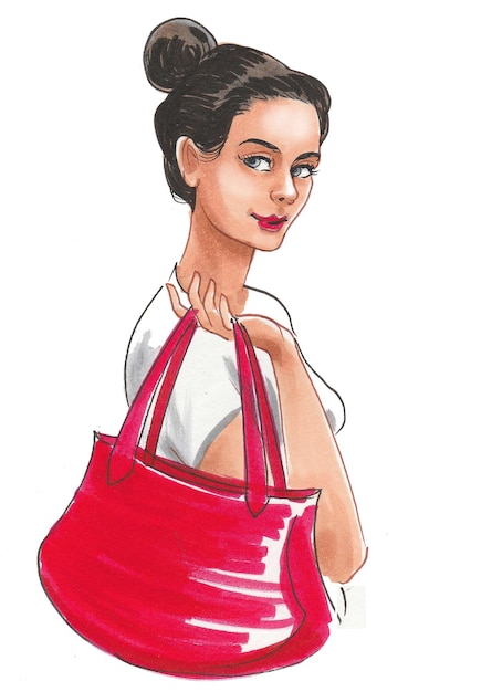 Bonita mujer morena con una bolsa roja. Dibujo a tinta y acuarela