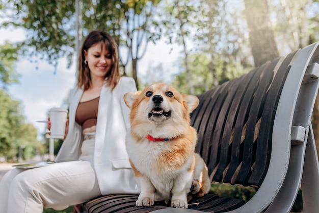 Bonita mujer de negocios con traje blanco sentada en un parque de la ciudad bebiendo café y trabajando en una tableta digital con su perro Welsh Corgi Pembroke