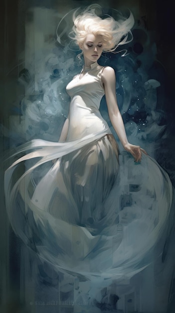 Bonita mujer rubia con vestido blanco Hermosa ilustración de imagen AI generativa