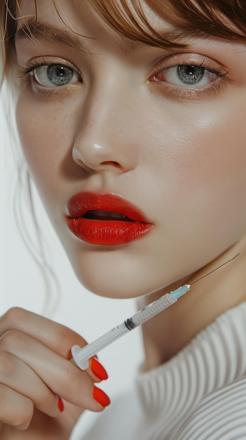 Bonita mujer rusa cara de primer plano Ella mira directamente a la cámara con la aguja de la jeringa de plata tocando su labio Fondo blanco y concepto promocional de estudio de belleza