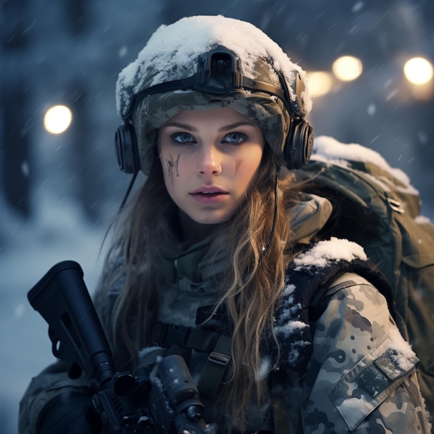 Una bonita mujer soldado con un corte de pelo y uniforme militar de camuflaje invernal en la nieve.