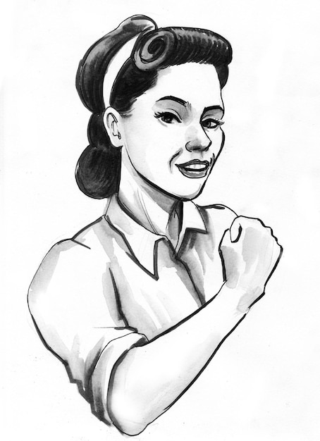 Bonita mujer, trabajadora de estilo pinup. Dibujo a tinta en blanco y negro