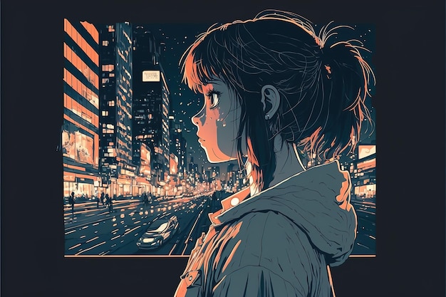 Bonita mulher Anime olhando para a paisagem urbana durante a noite Um triste estilo Manga lofi