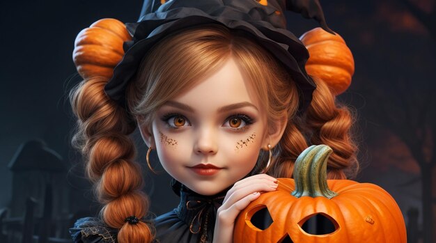 Bonita niña de calabaza de Halloween con cabeza de calabaza para Halloween