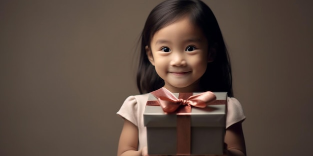 Una bonita niña china felizmente sorprendida con un regalo en sus manos con un fondo gris