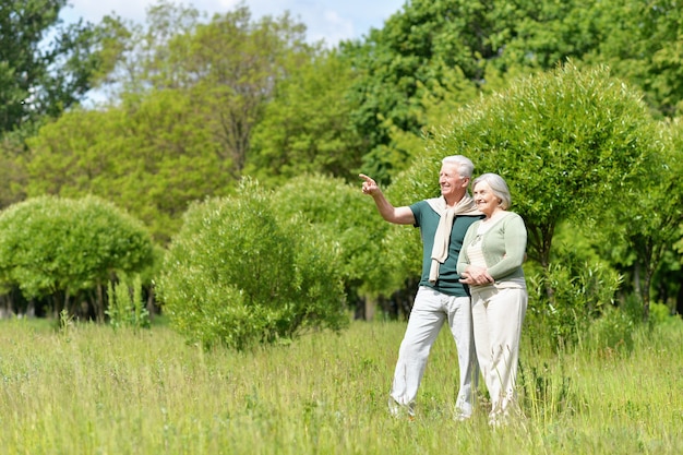 Bonita pareja madura en Spring Park, el hombre apuntando con su mano