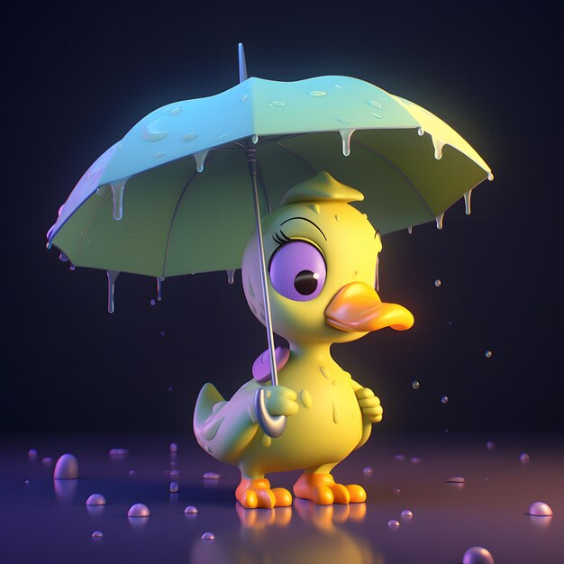 Bonita renderização 3D estilizada de um pato de desenho animado segurando um guarda-chuva na chuva com um retrato do conceito de fantasia